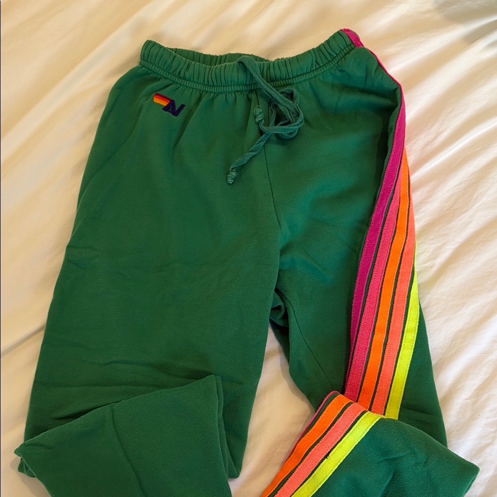 Aviator Nation Green Track Pants with Rainbow Stripe